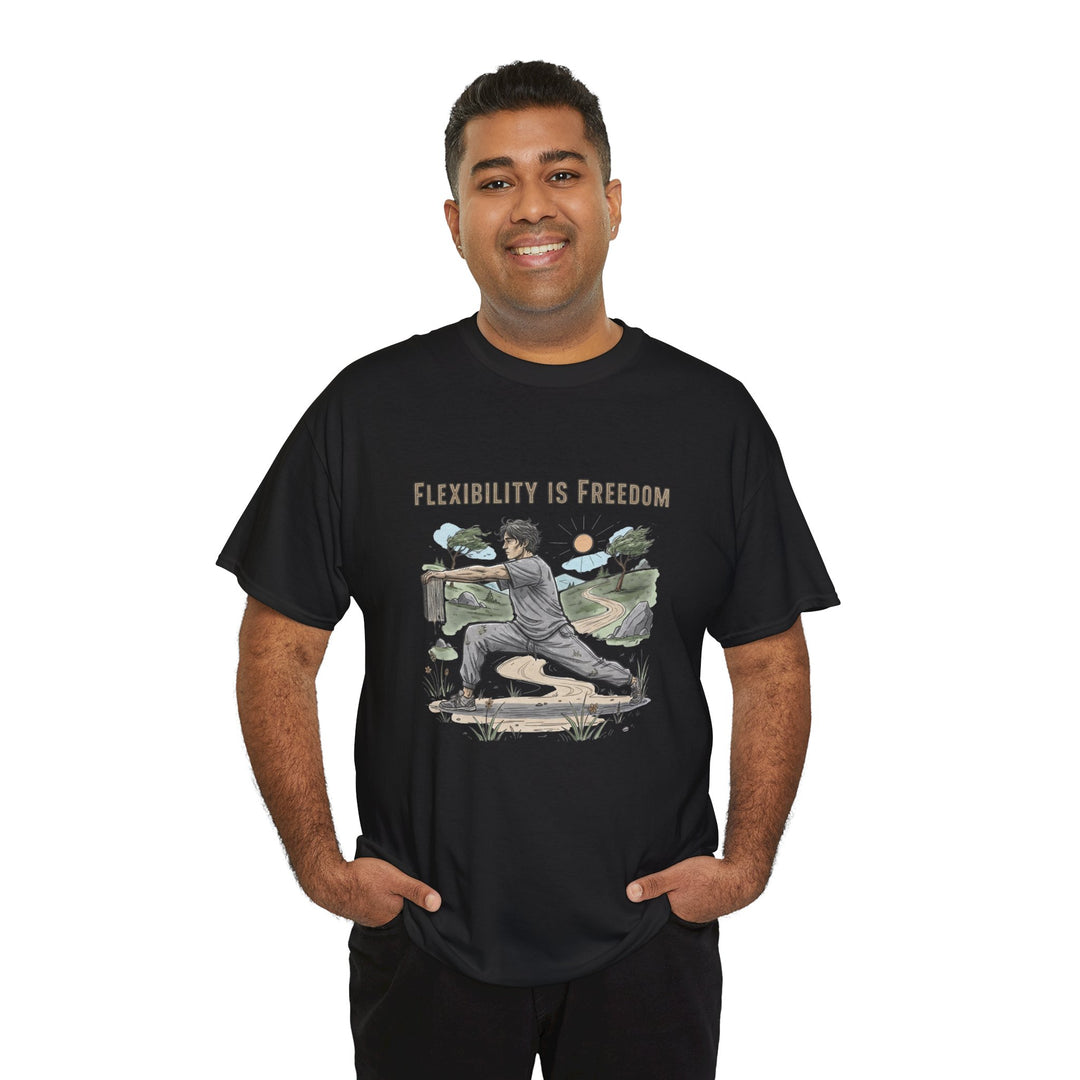 Flexibility Is Freedom Tee – soft, breathable cotton featuring a motivational design. Perfect for yoga, Pilates, stretching, or casual active lifestyle wear.