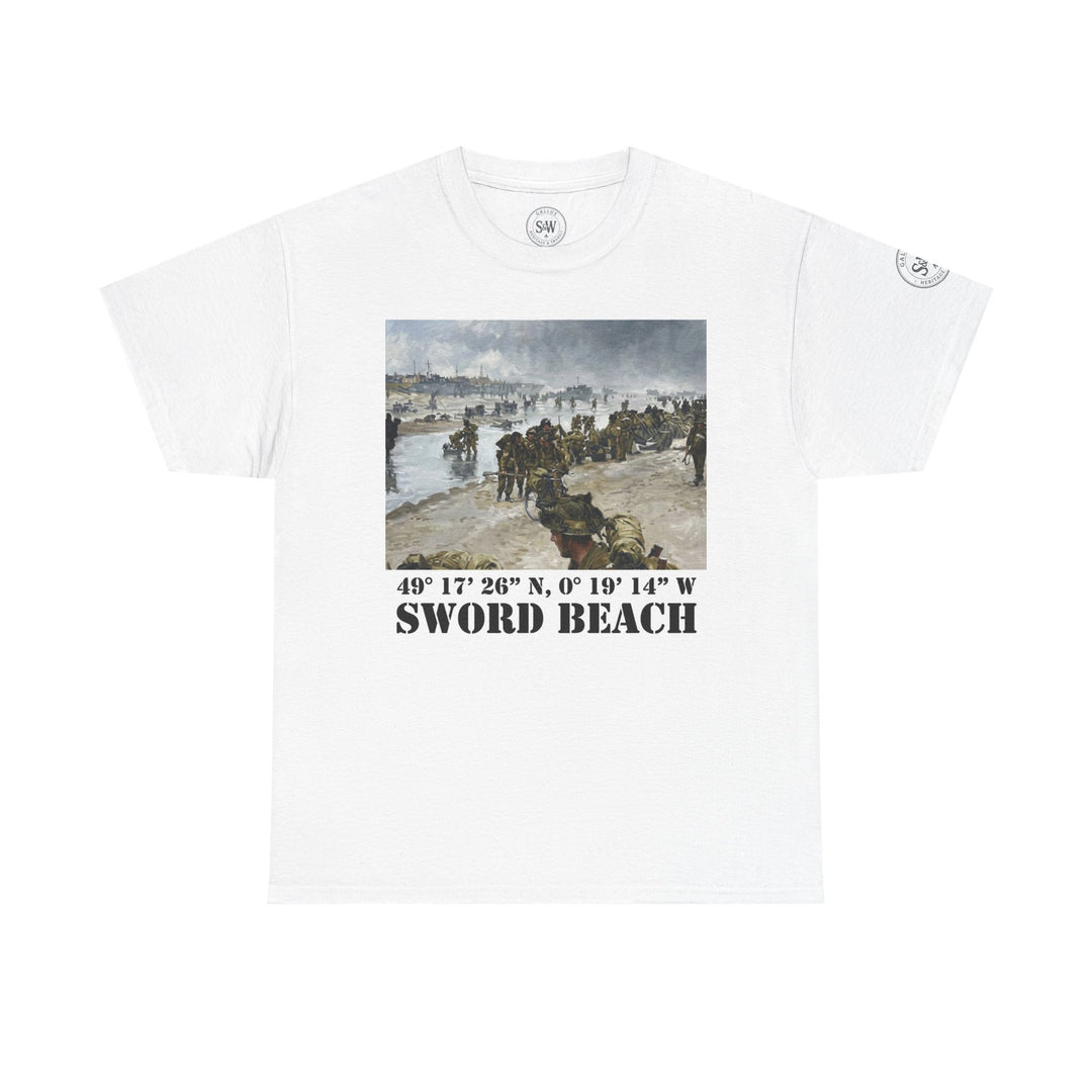 White graphic t-shirt by Veteran owned, featuring a D-Day landing painting and Sword Beach coordinates.
