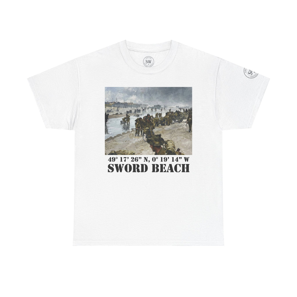 White graphic t-shirt by Veteran owned, featuring a D-Day landing painting and Sword Beach coordinates.
