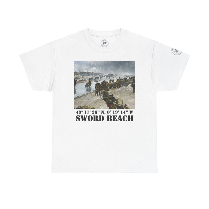 White graphic t-shirt by Veteran owned, featuring a D-Day landing painting and Sword Beach coordinates.
