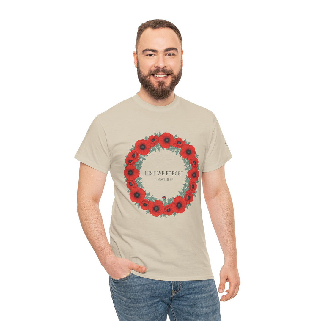 Beige t-shirt with "Lest We Forget" wreath graphic by S&amp;W Gallus worn with blue jeans.