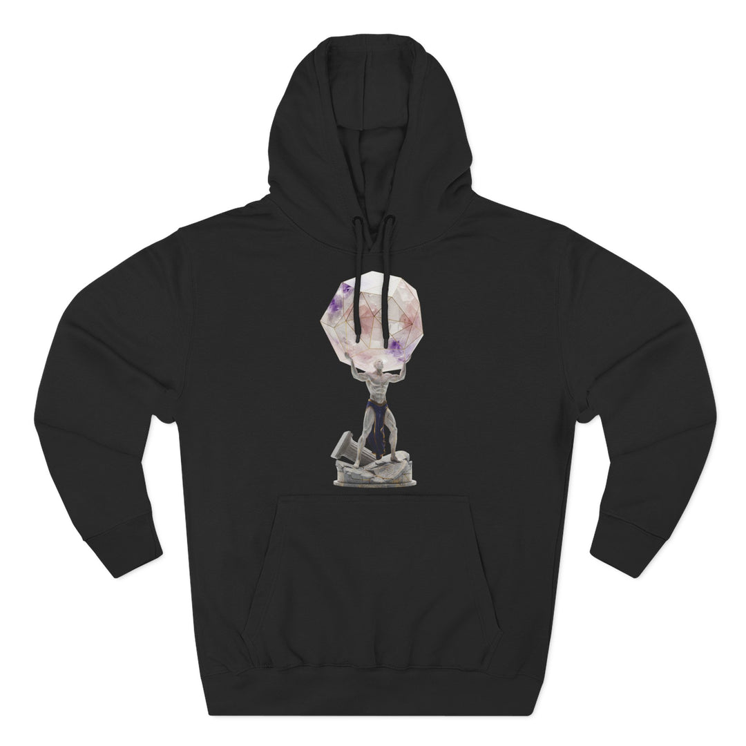 Black hoodie by S&amp;W Gallus featuring an illustration of Atlas holding a geometric amethyst rock.