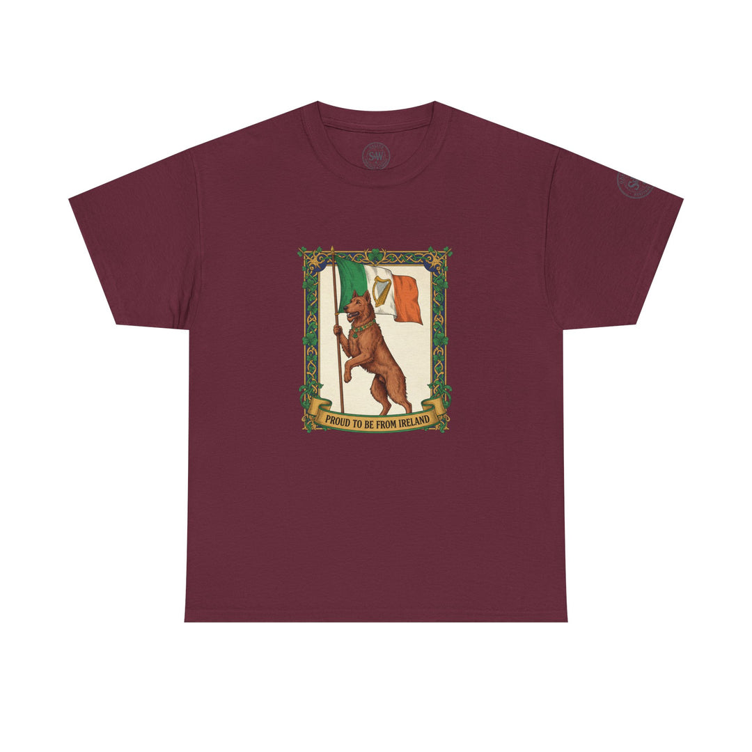 Maroon t-shirt by S&amp;W Gallus featuring a patriotic Irish bear flag graphic on the front.
