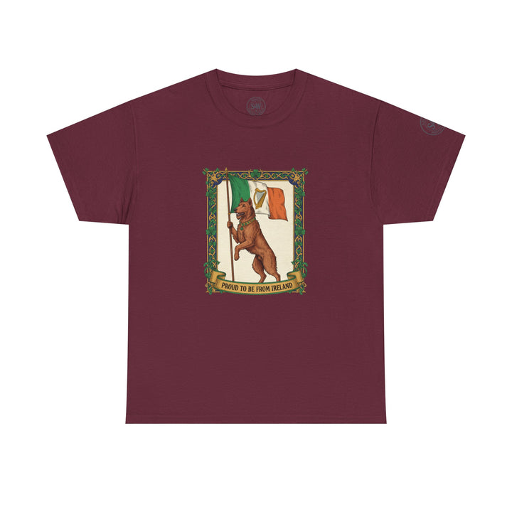 Maroon t-shirt by S&amp;W Gallus featuring a patriotic Irish bear flag graphic on the front.