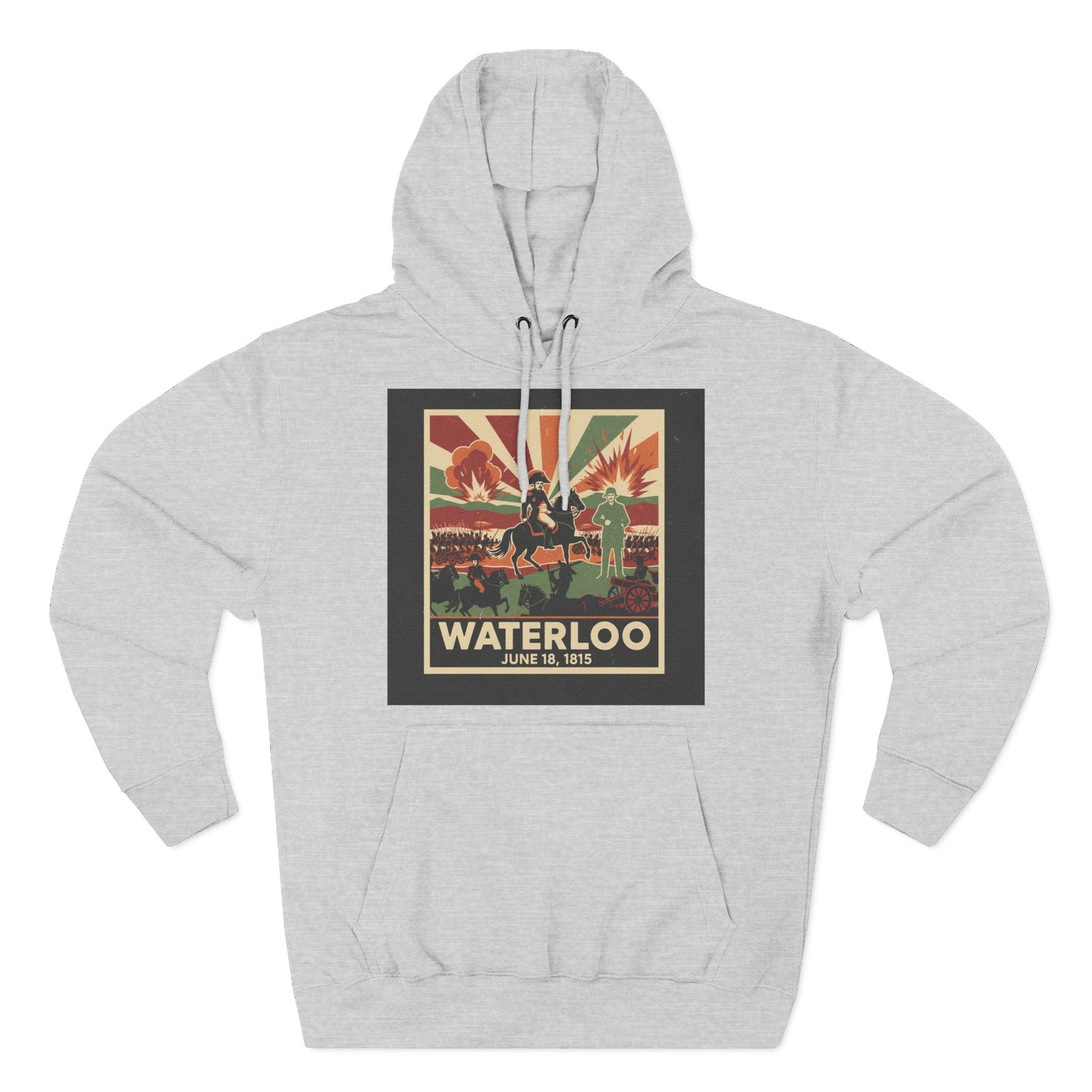 Gray hoodie by S&W Gallus with a vintage Waterloo poster design on the front.