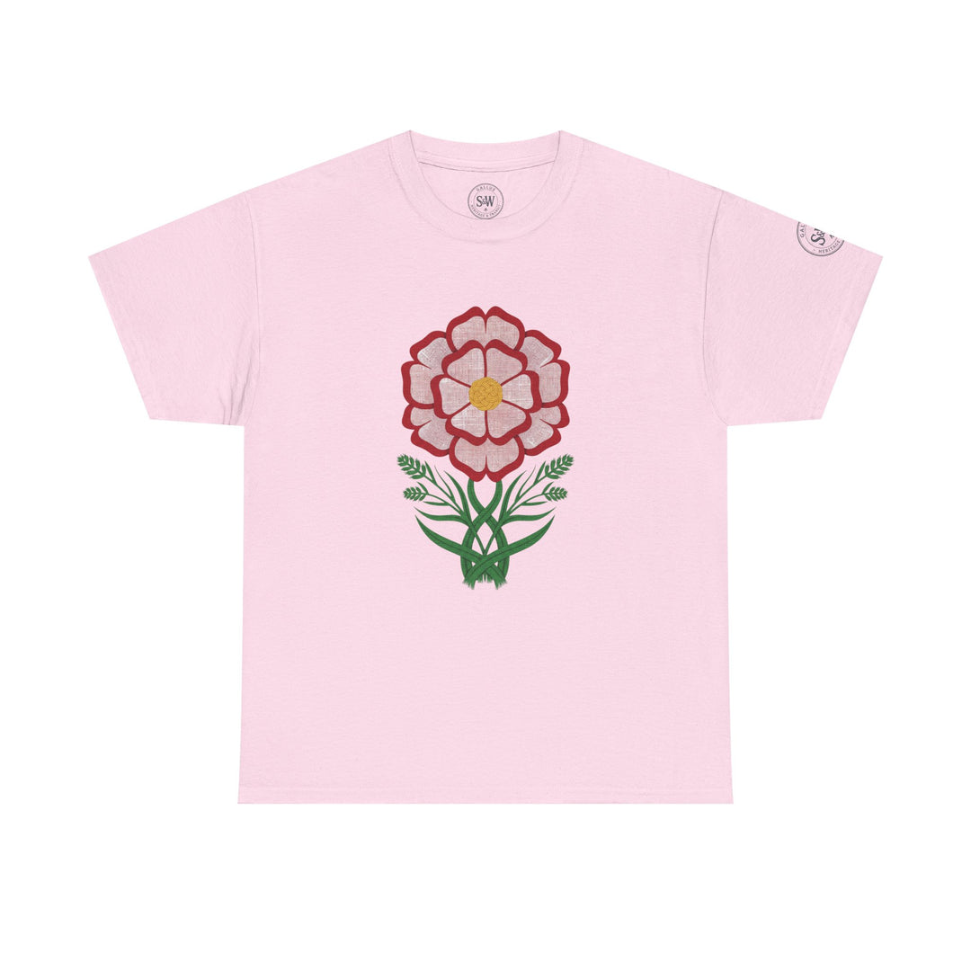 Pink t-shirt by S&amp;W Gallus with a centered floral Tudor rose graphic and a matching neck logo.