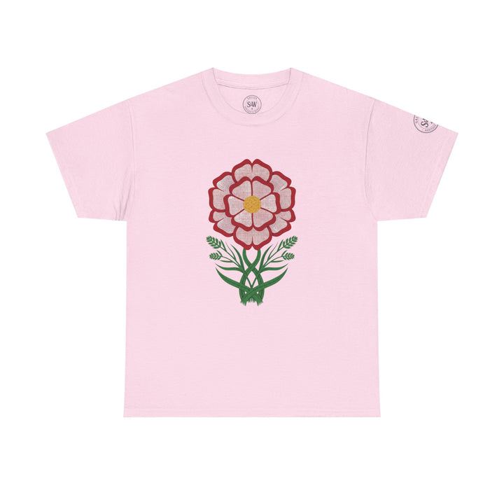 Pink t-shirt by S&amp;W Gallus with a centered floral Tudor rose graphic and a matching neck logo.