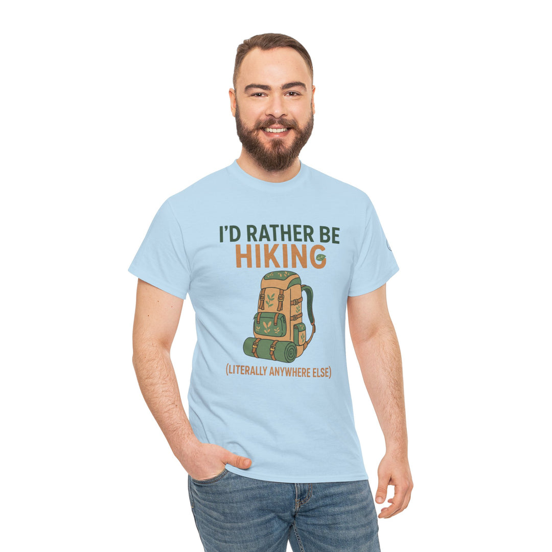 Light blue hiking t-shirt by S&amp;W Gallus with a hiking-themed graphic print on a smiling man.