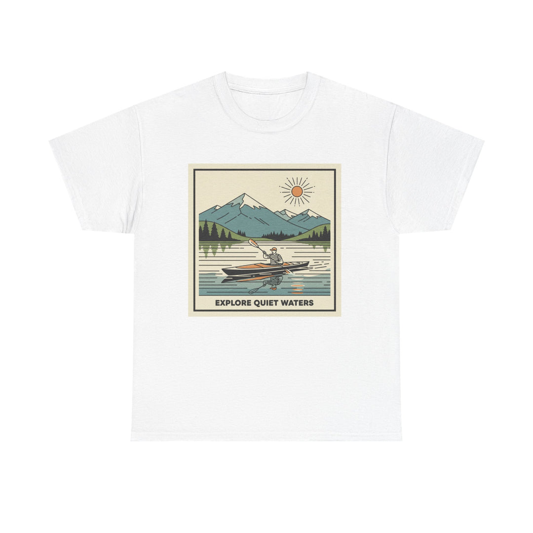 White t-shirt by S&amp;W Gallus featuring a graphic of a person kayaking in a lake with mountains.