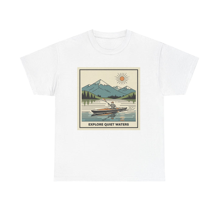 White t-shirt by S&amp;W Gallus featuring a graphic of a person kayaking in a lake with mountains.