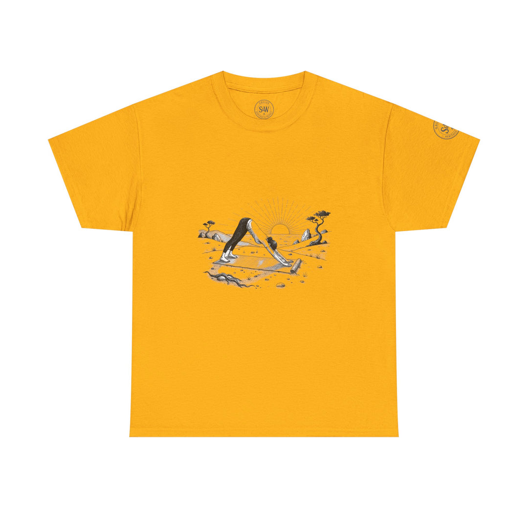 Mustard-yellow T-shirt by S&amp;W Gallus featuring a sunrise yoga scene on the front.