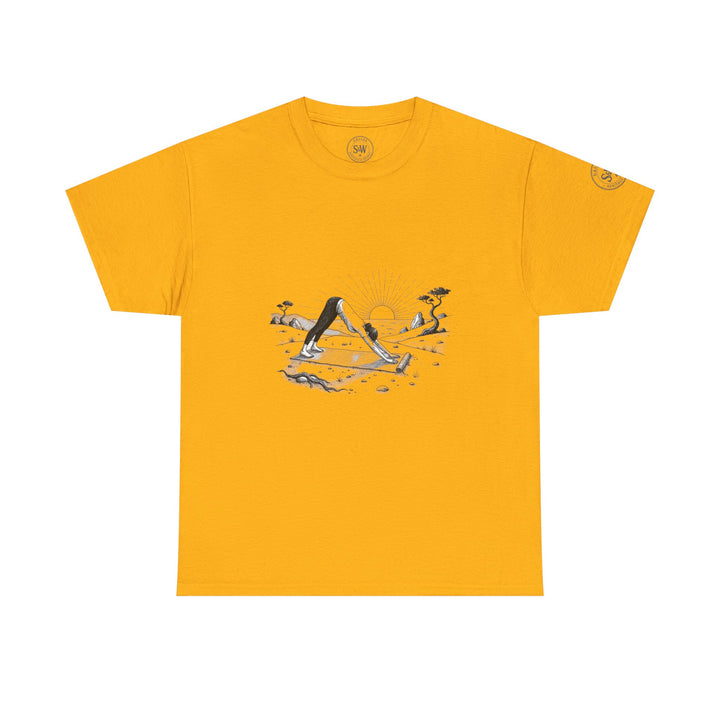 Mustard-yellow T-shirt by S&amp;W Gallus featuring a sunrise yoga scene on the front.