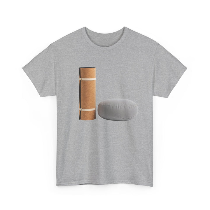 Mat &amp; Meditation Cushion Tee – soft, breathable cotton featuring a yoga-inspired design. Perfect for meditation, studio practice, or mindful everyday wear.