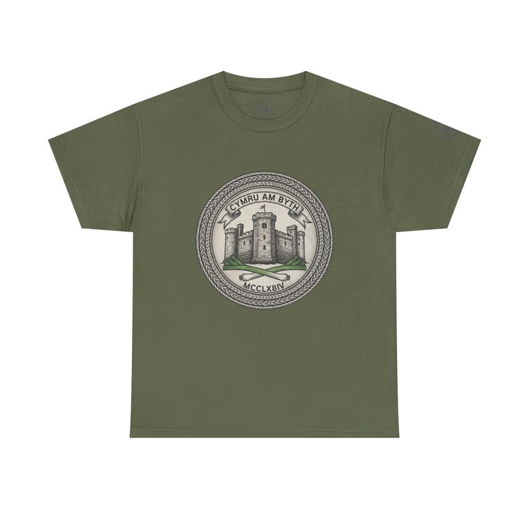 Olive green t-shirt by S&amp;W Gallus, featuring a roundel with a castle, leeks, and "CYMRU AM BYTH" inscription.