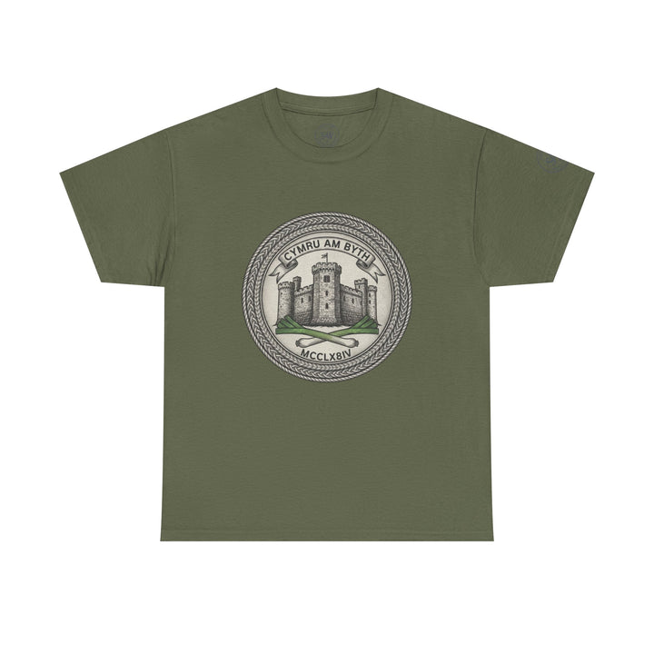 Olive green t-shirt by S&amp;W Gallus, featuring a roundel with a castle, leeks, and "CYMRU AM BYTH" inscription.