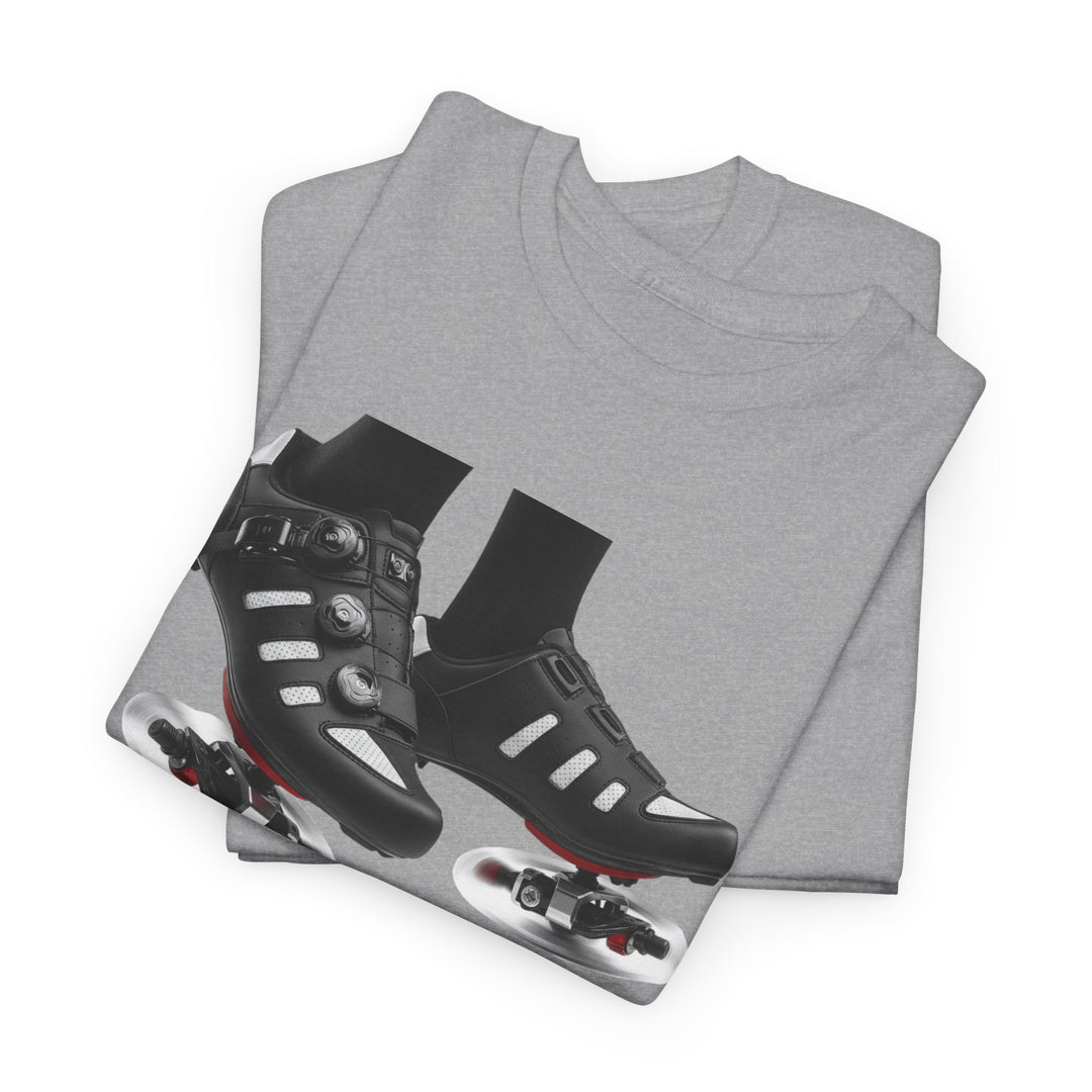 Spin Shoes Tee – soft, breathable cotton featuring a cycling shoes graphic. Perfect for spin classes, indoor workouts, and casual activewear.