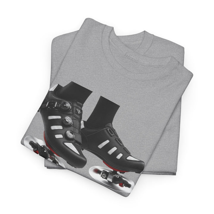 Spin Shoes Tee – soft, breathable cotton featuring a cycling shoes graphic. Perfect for spin classes, indoor workouts, and casual activewear.