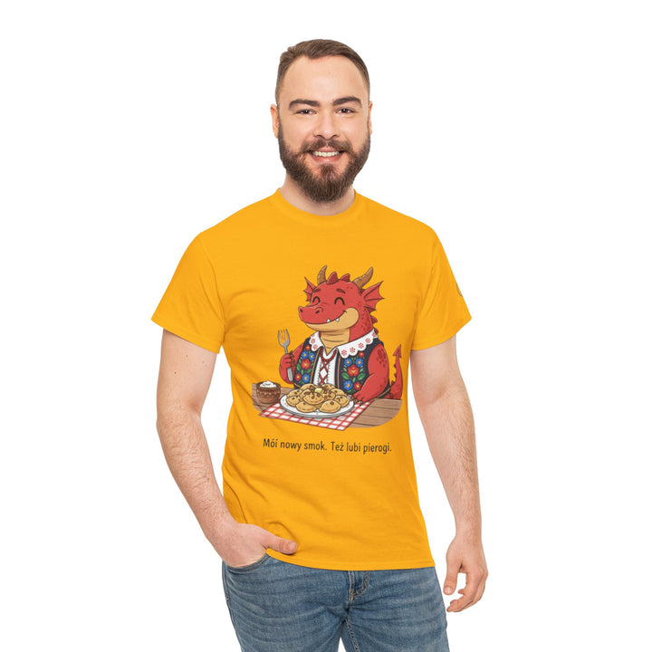 Yellow t-shirt by S&amp;W Gallus, featuring a cartoon dragon eating pierogi with a caption in Polish, worn with jeans.