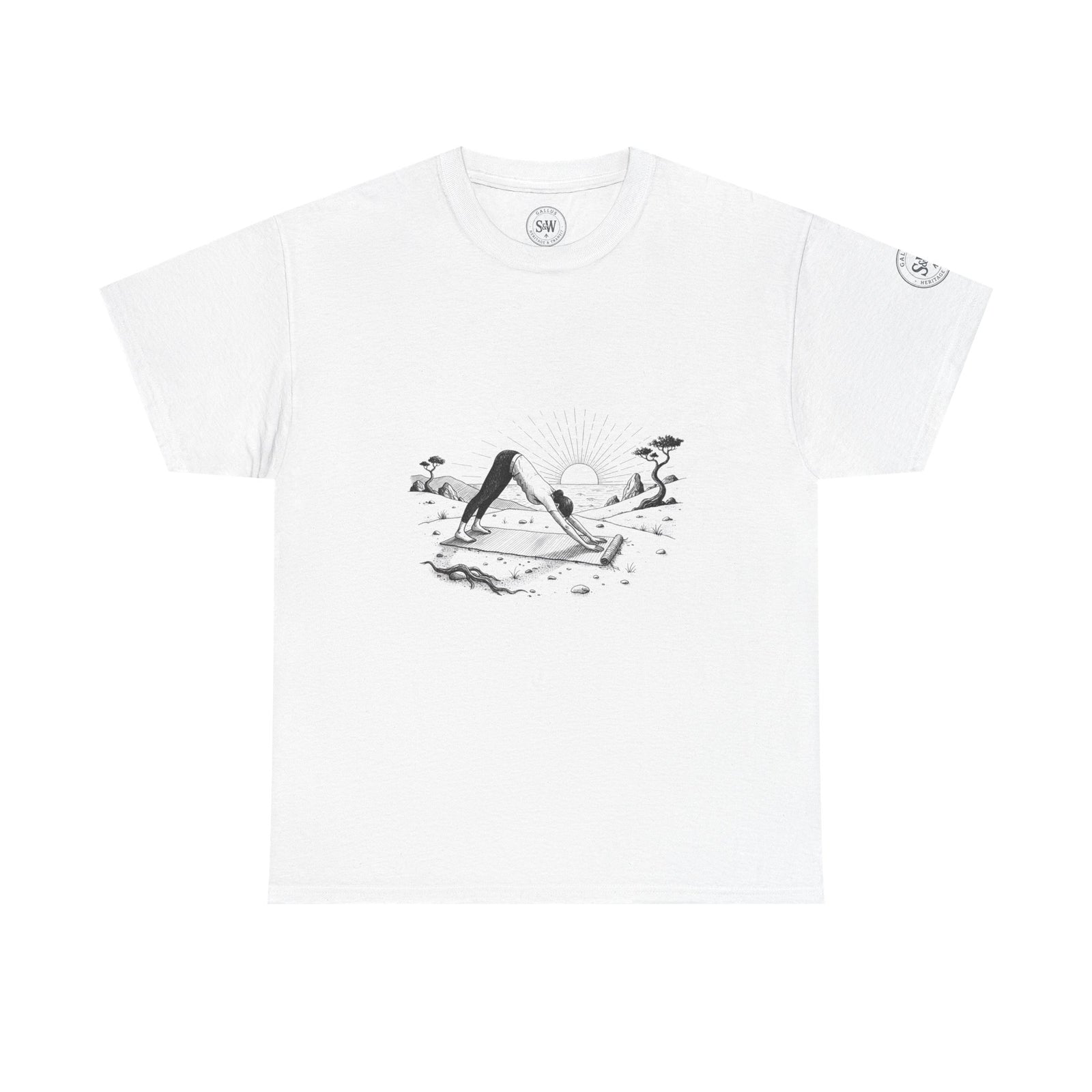 White t-shirt by S&W Gallus with a black and white illustration of a person doing yoga at sunset.