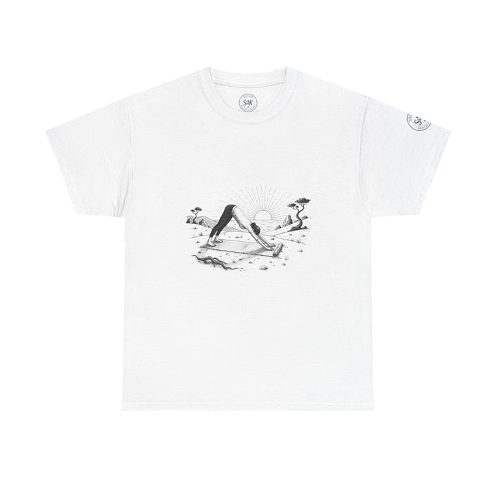 White t-shirt by S&amp;W Gallus with a black and white illustration of a person doing yoga at sunset.