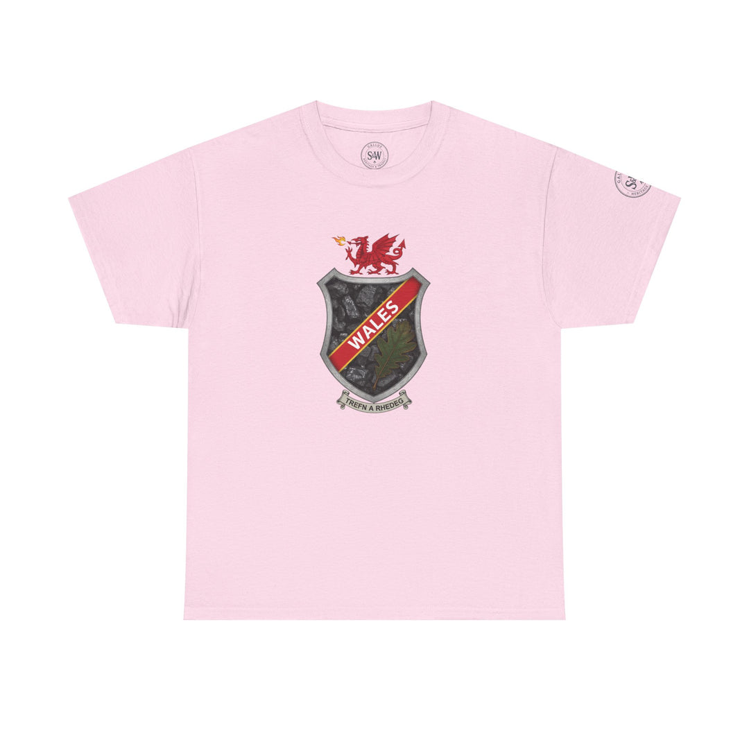 Pink Wales Shield Crest T-shirt by S&amp;W Gallus, displaying a striking emblem with a dragon and coal-like texture.