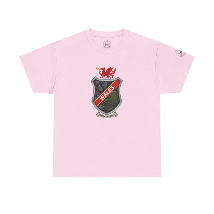 Pink Wales Shield Crest T-shirt by S&amp;W Gallus, displaying a striking emblem with a dragon and coal-like texture.