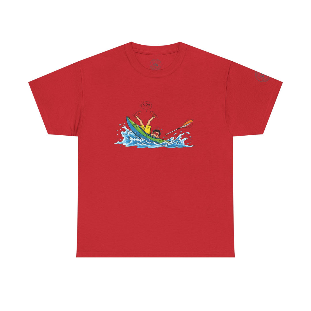 Red t-shirt with a kayaking cartoon by S&amp;W Gallus, featuring a kayaker capsizing in a splash.