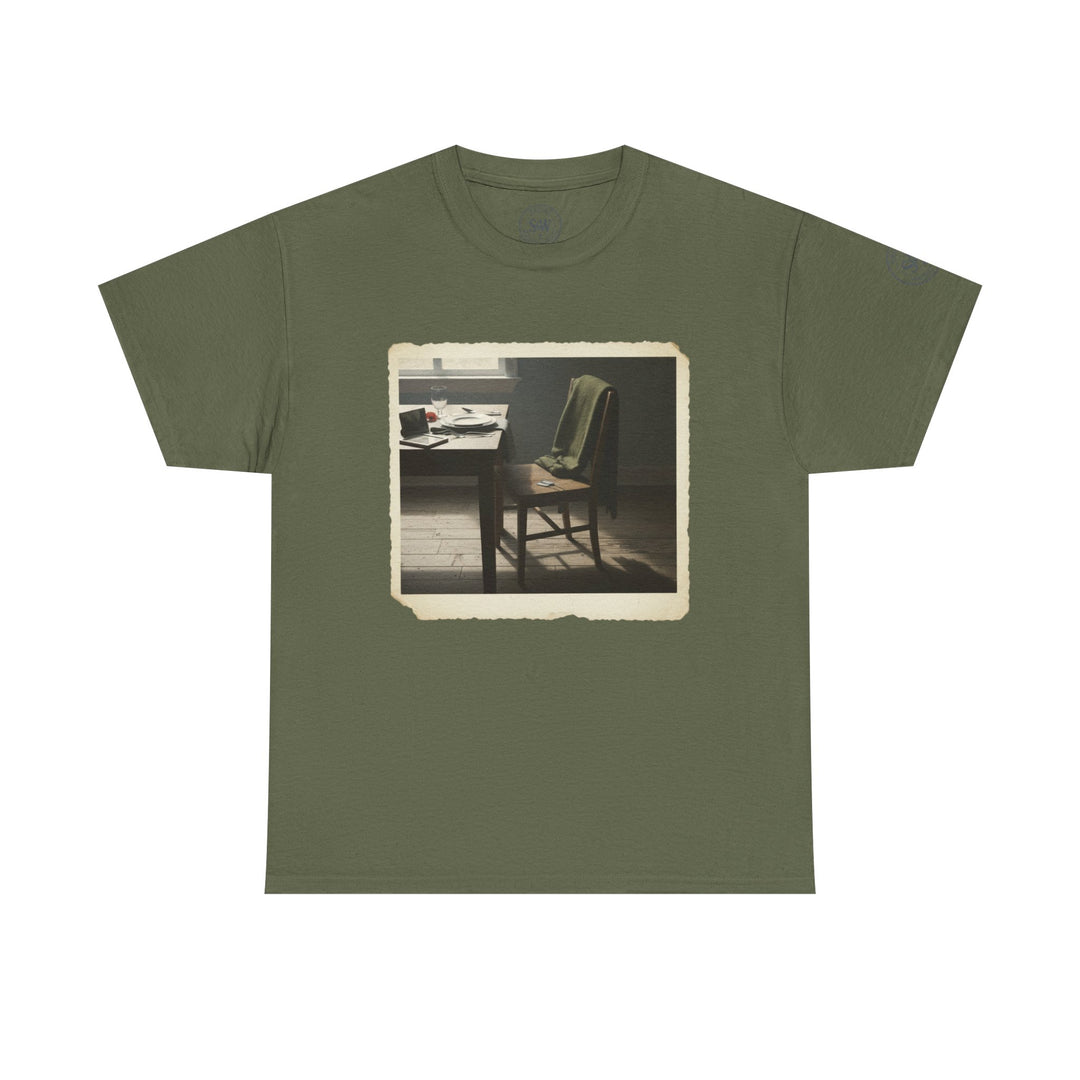 Olive green tee by S&amp;W Gallus with an aged photo print of a chair and dining table.