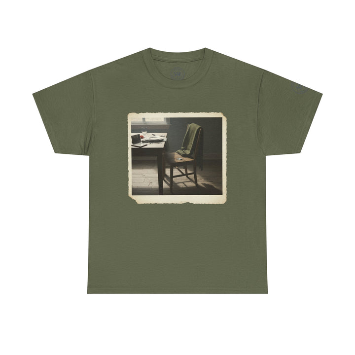 Olive green tee by S&amp;W Gallus with an aged photo print of a chair and dining table.