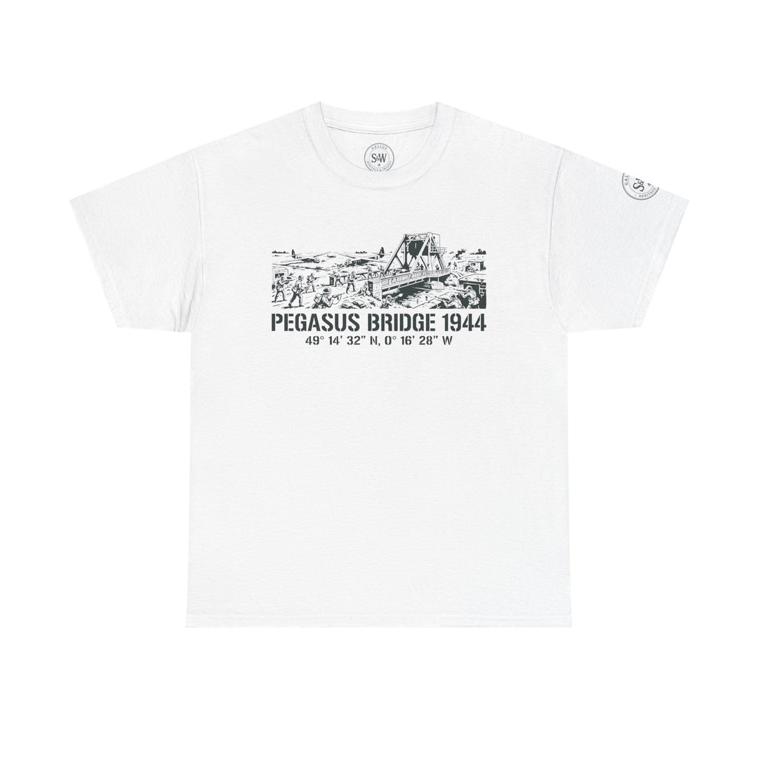 White Pegasus Bridge 1944 t-shirt by S&amp;W Gallus featuring a black sketch of Pegasus Bridge.