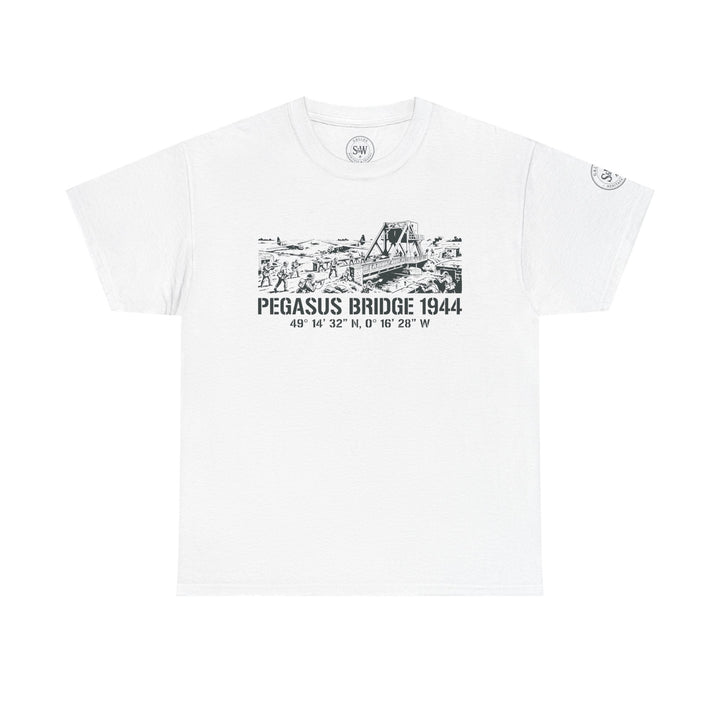 White Pegasus Bridge 1944 t-shirt by S&amp;W Gallus featuring a black sketch of Pegasus Bridge.