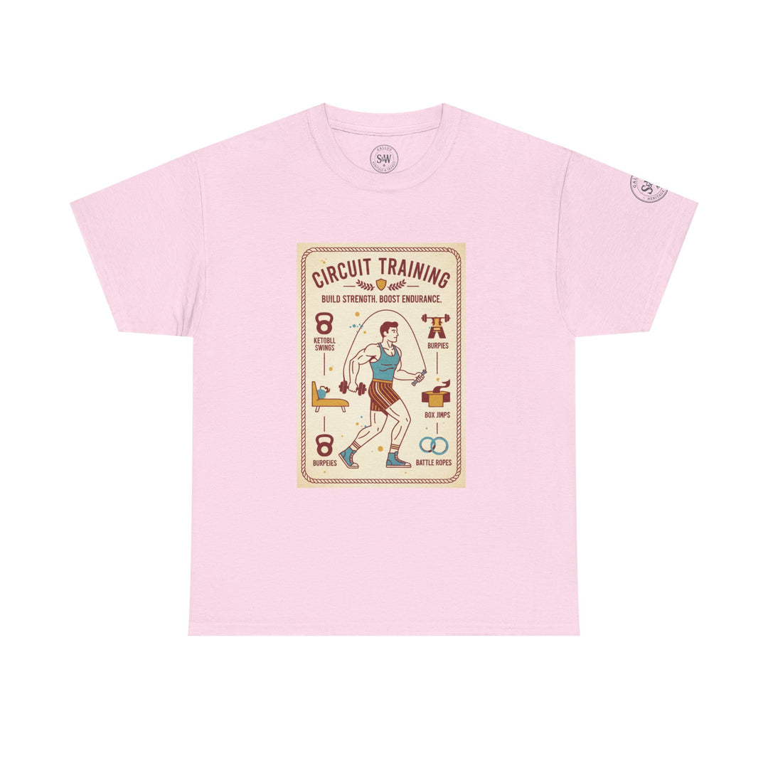 Pink Circuit Training T-shirt by S&amp;W Gallus, featuring graphic of a person exercising using kettlebells, ropes, and burpees.