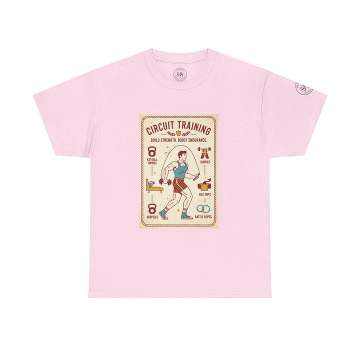 Pink Circuit Training T-shirt by S&amp;W Gallus, featuring graphic of a person exercising using kettlebells, ropes, and burpees.