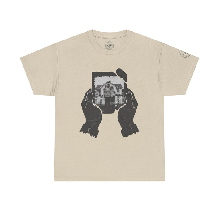 Beige t-shirt by S&amp;W Gallus featuring a graphic print of hands holding a torn photograph.