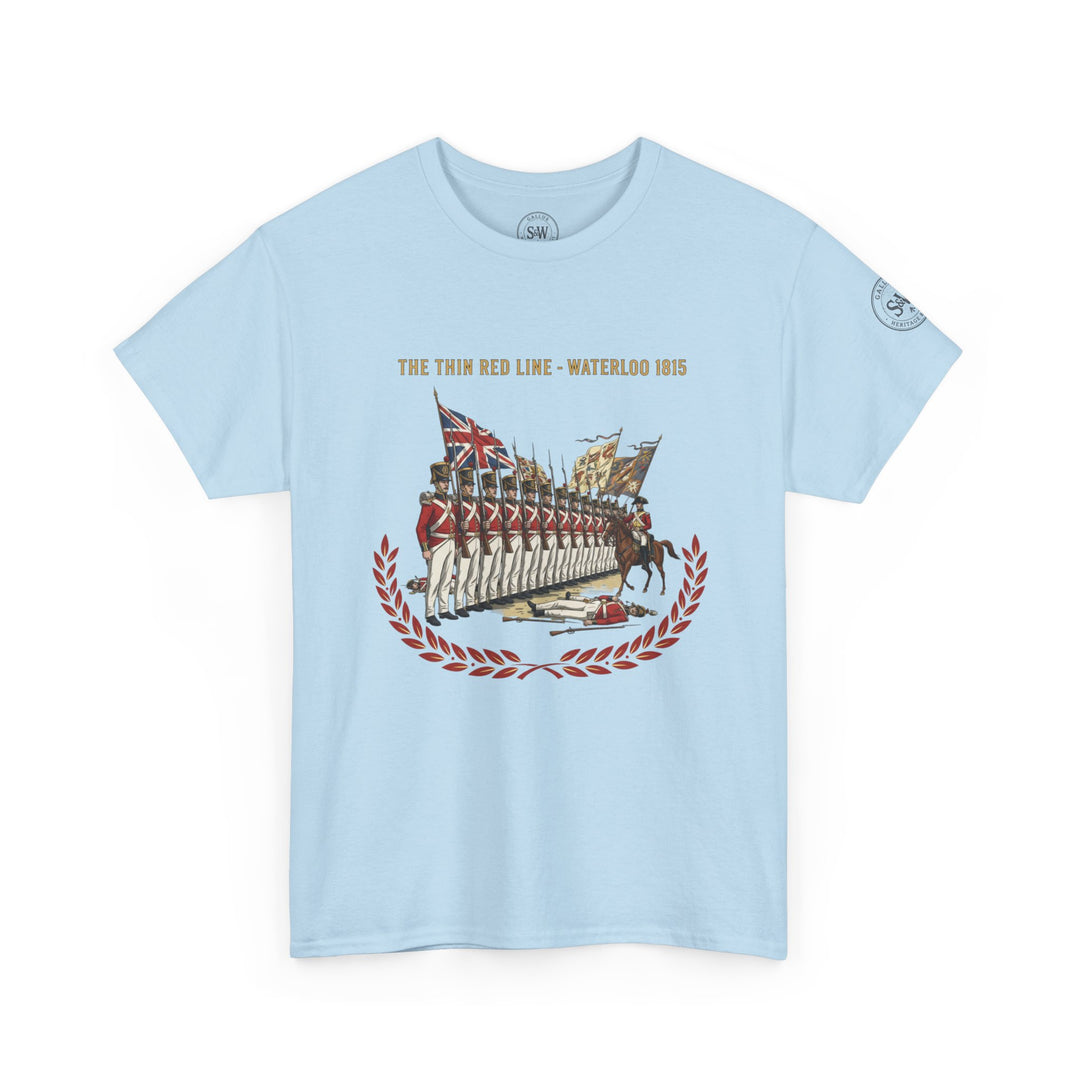 Light blue t-shirt by S&amp;W Gallus with "The Thin Red Line - Waterloo 1815" graphic and laurel wreath.