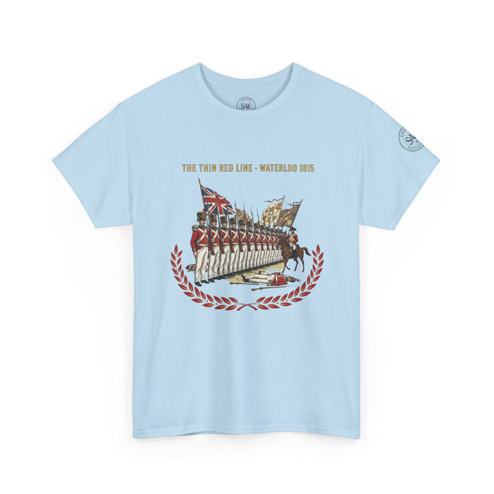 Light blue t-shirt by S&amp;W Gallus with "The Thin Red Line - Waterloo 1815" graphic and laurel wreath.