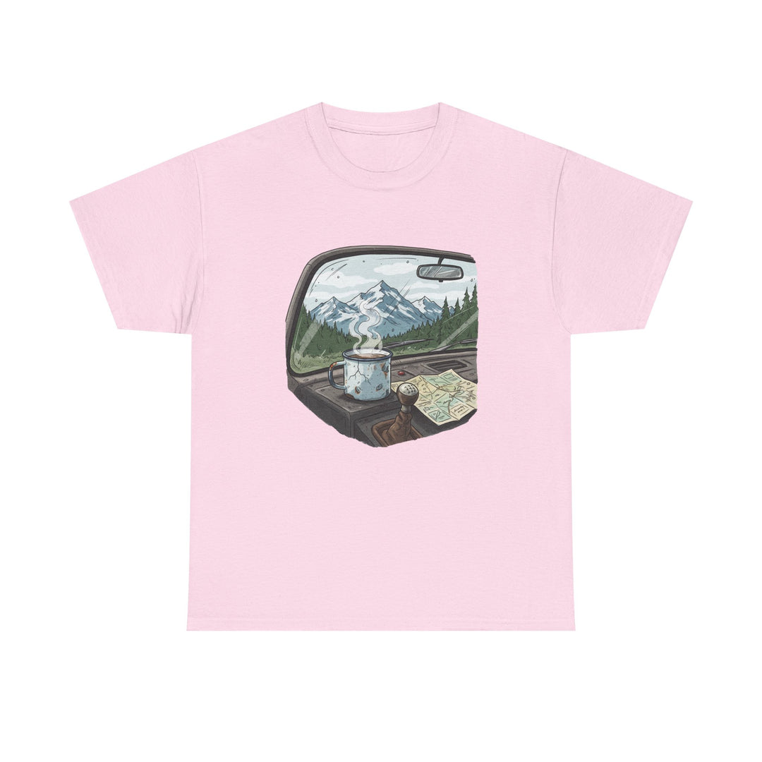 Van Roadtrip View T-Shirt featuring a scenic travel-inspired design. Soft cotton comfort perfect for van life, road trips, and outdoor adventures.