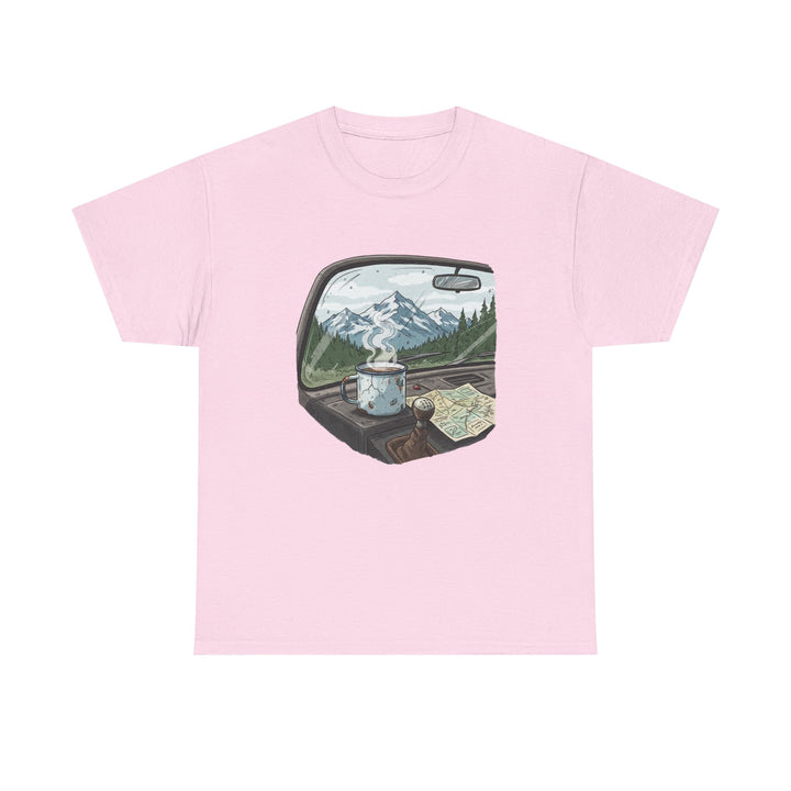 Van Roadtrip View T-Shirt featuring a scenic travel-inspired design. Soft cotton comfort perfect for van life, road trips, and outdoor adventures.