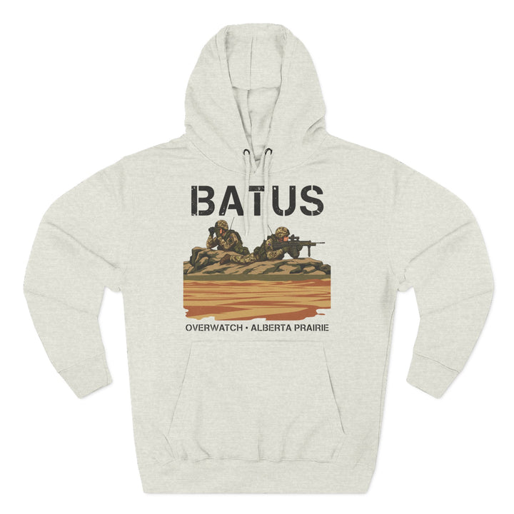 Heather gray hoodie by S&amp;W Gallus, featuring a graphic of soldiers and "BATUS Overwatch Alberta Prairie" text.