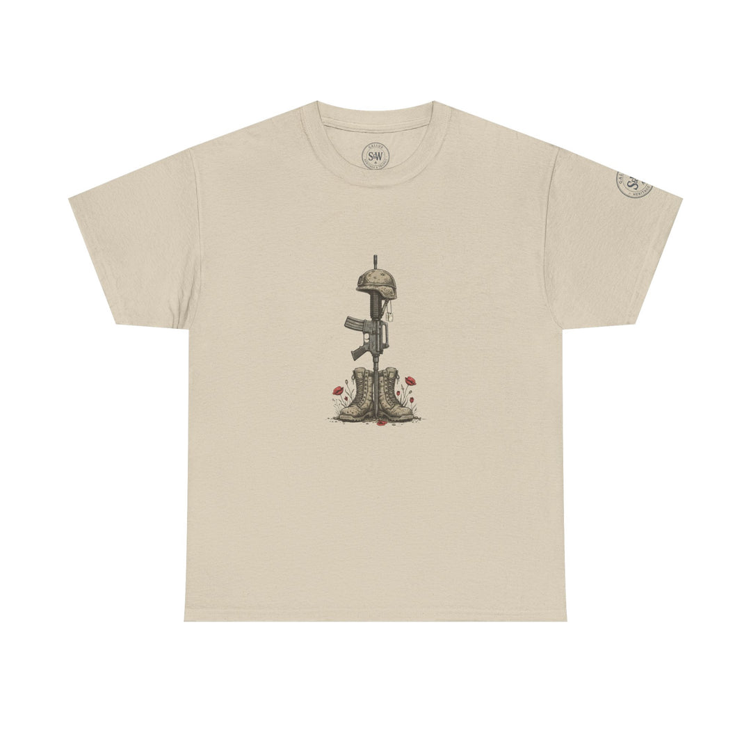 Beige military tribute t-shirt by S&amp;W Gallus, featuring boots, rifle and helmet graphic with poppy flowers.
