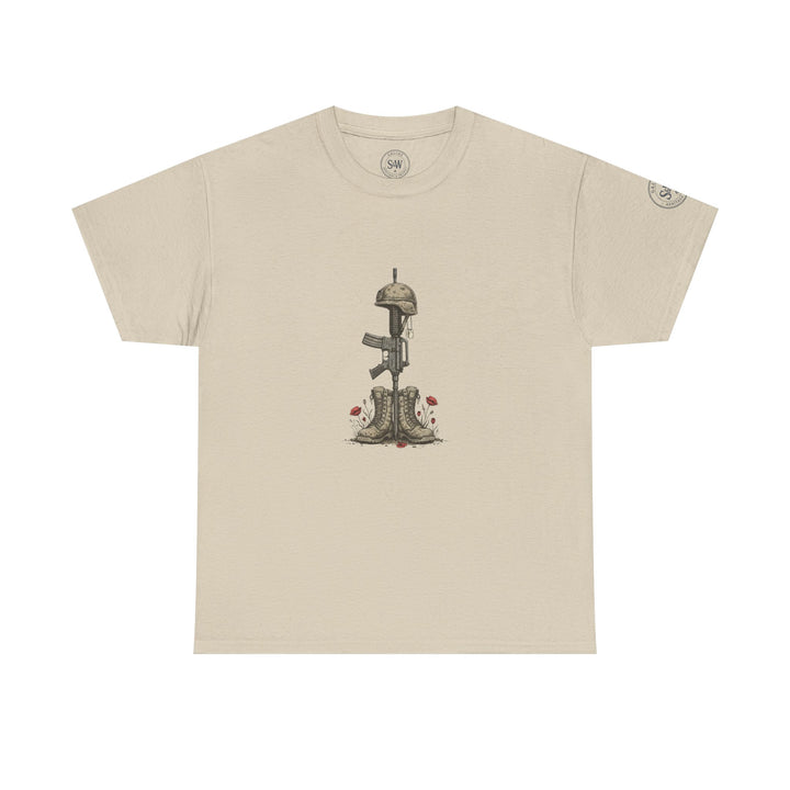 Beige military tribute t-shirt by S&amp;W Gallus, featuring boots, rifle and helmet graphic with poppy flowers.