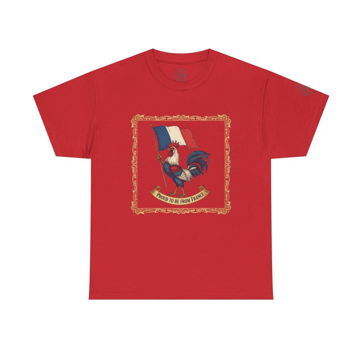 Red t-shirt from S&amp;W Gallus, featuring a rooster with the French flag in a decorative gold frame.
