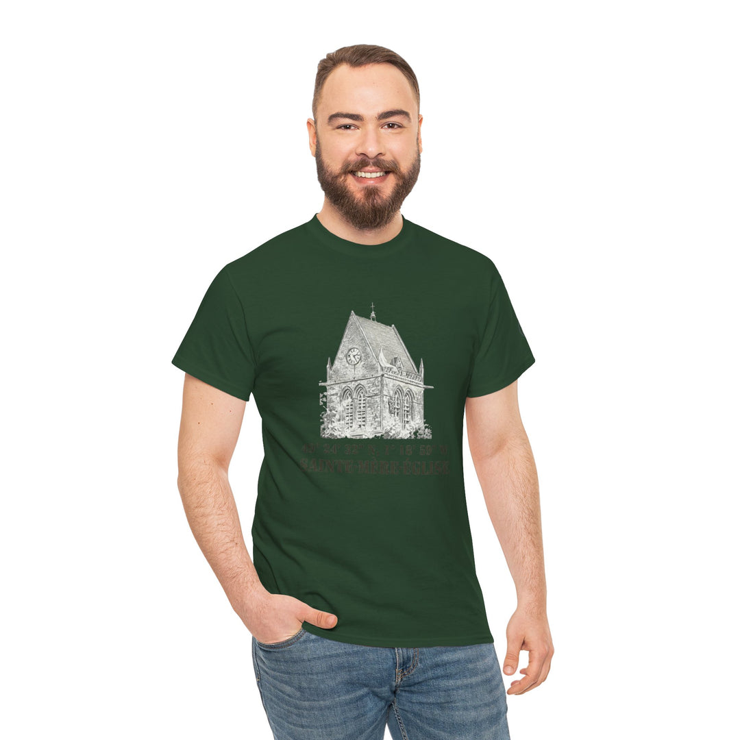 Green t-shirt from Veteran owned, displaying a church graphic with coordinate text, worn with jeans.