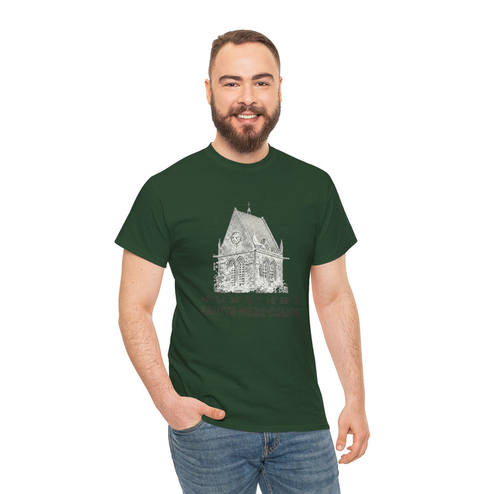 Green t-shirt from Veteran owned, displaying a church graphic with coordinate text, worn with jeans.