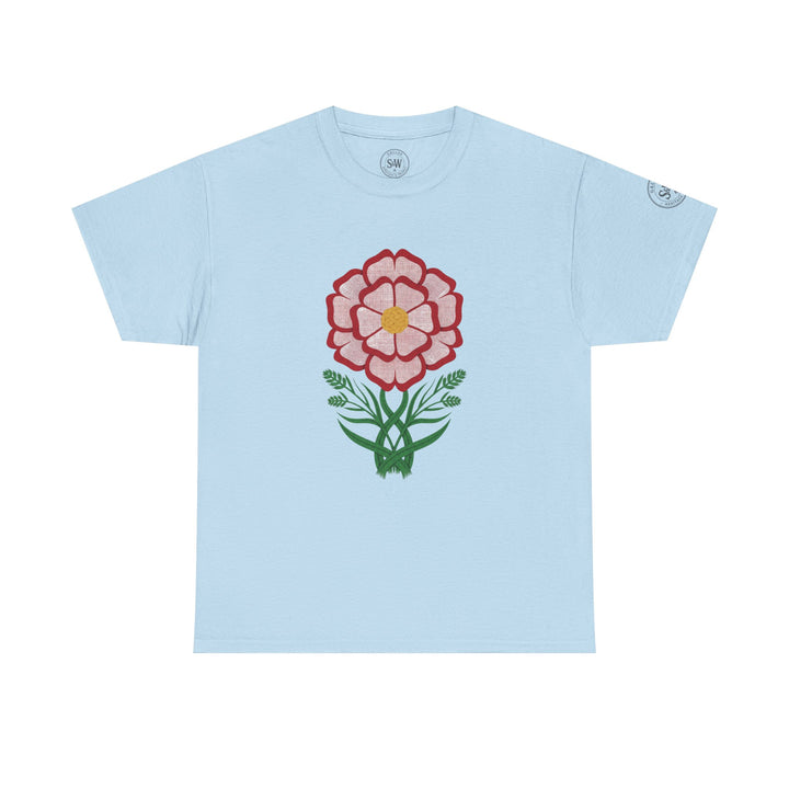 Light blue t-shirt by S&amp;W Gallus featuring a graphic floral Tudor rose with green leaves on the front.