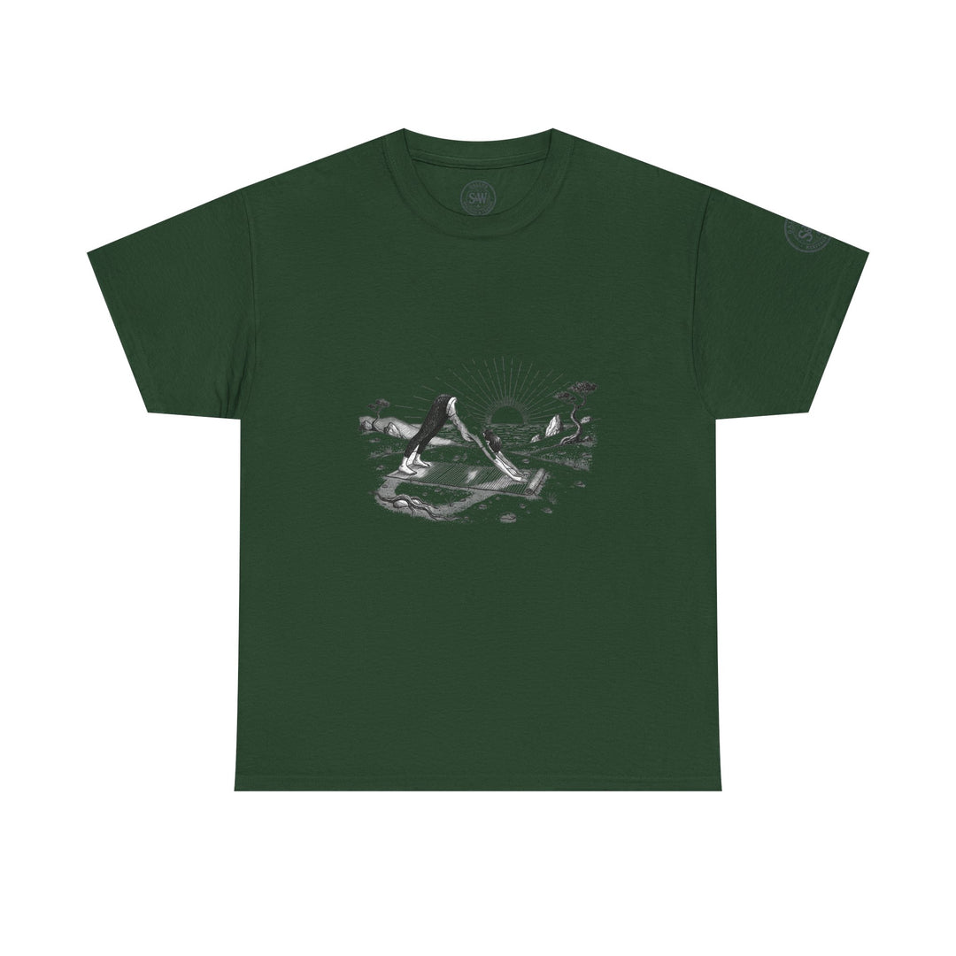 Forest green t-shirt by S&amp;W Gallus featuring a graphic of a person practicing yoga during a sunset.