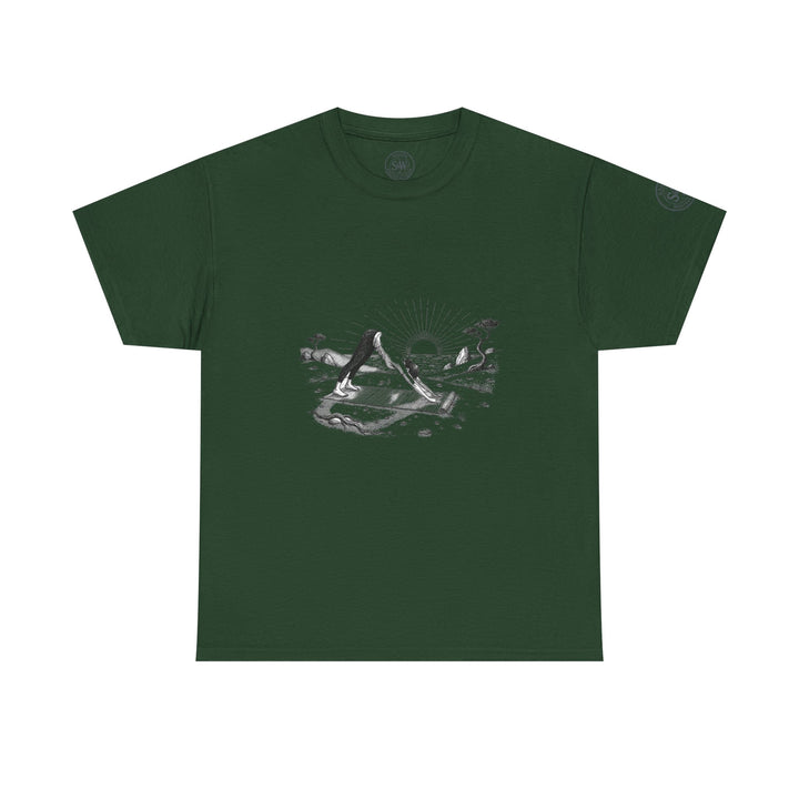 Forest green t-shirt by S&amp;W Gallus featuring a graphic of a person practicing yoga during a sunset.