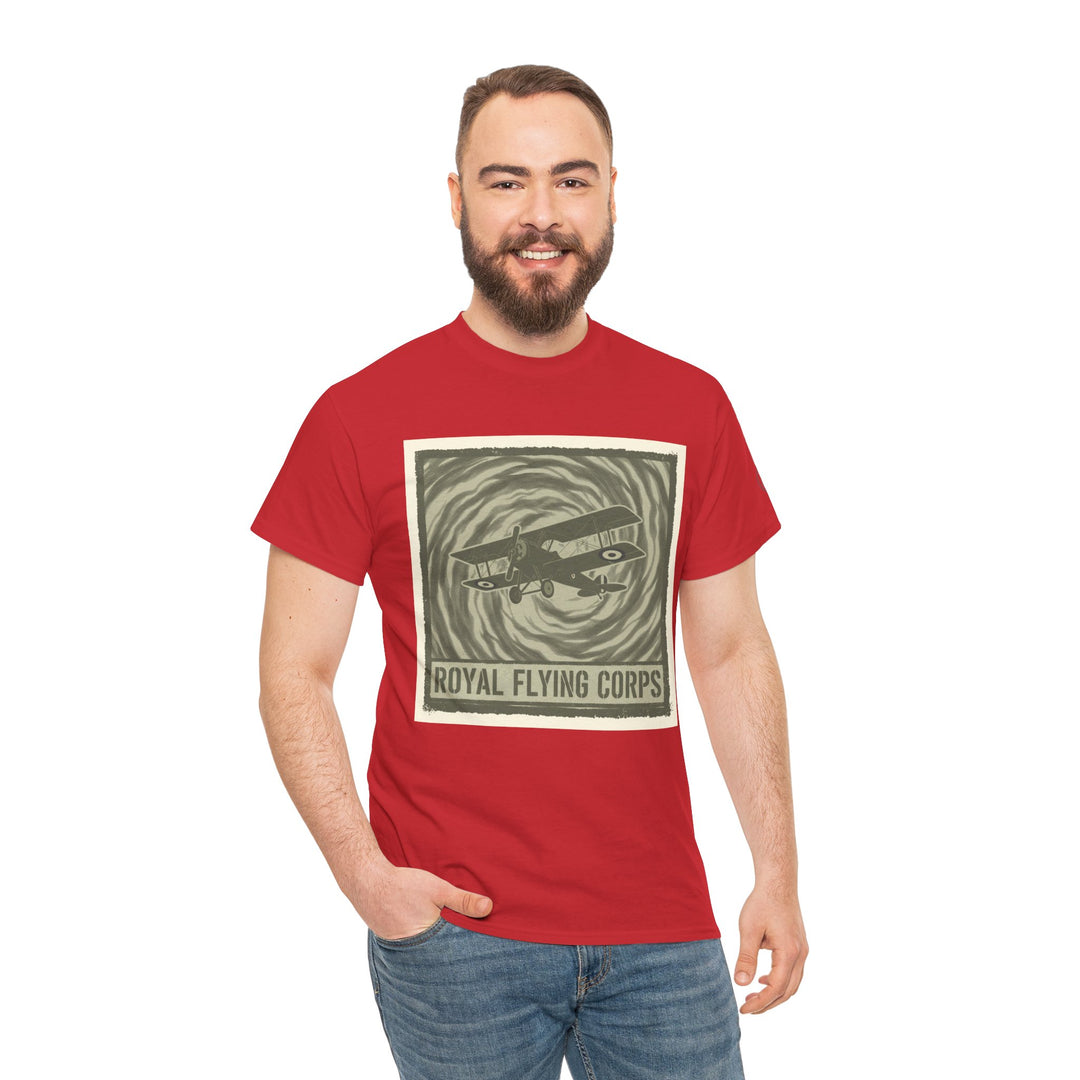 Red Royal Flying Corps T-shirt by S&amp;W Gallus with vintage airplane graphic, paired with blue jeans.
