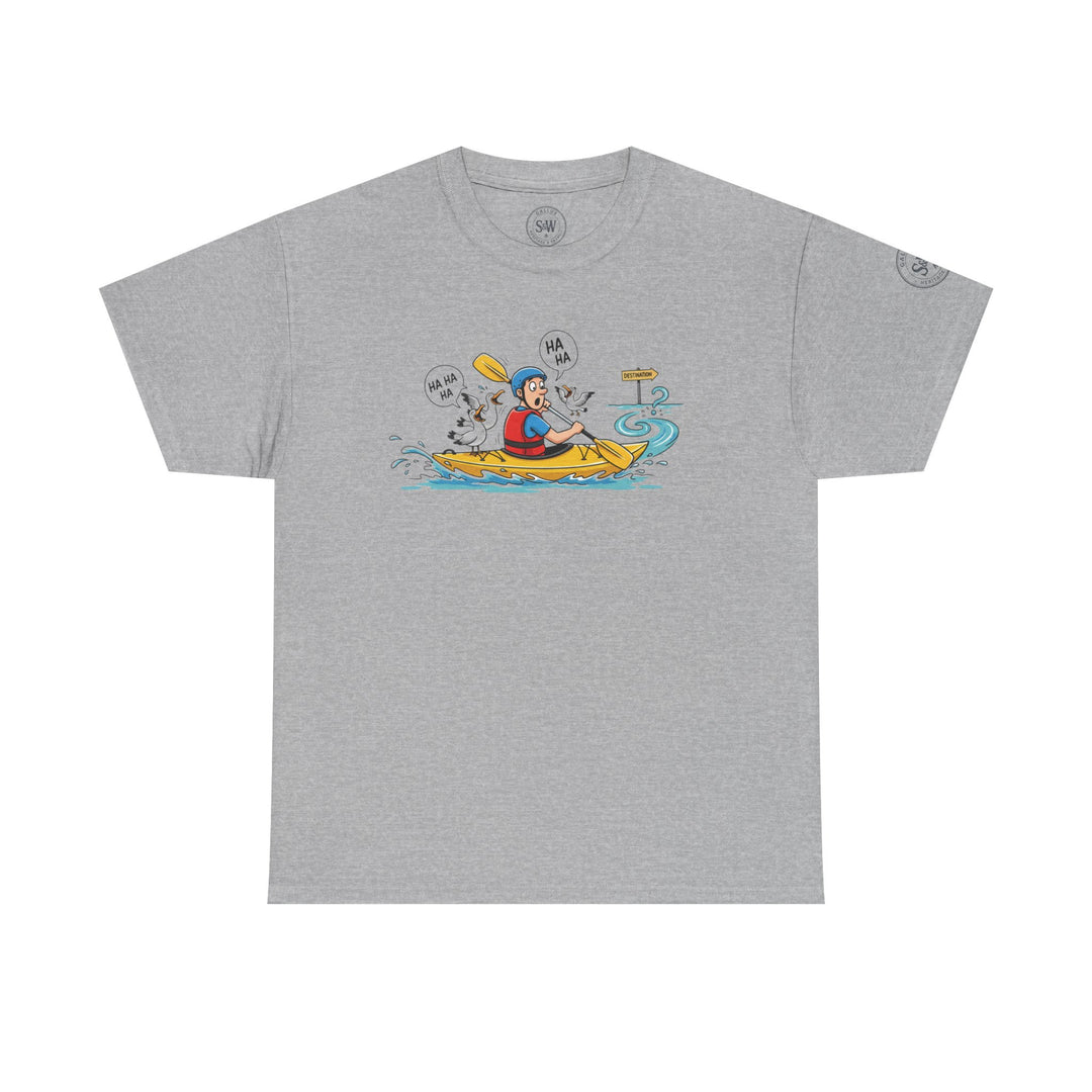 Grey T-shirt by S&amp;W Gallus featuring a cartoon of a man kayaking and being taunted by seagulls.
