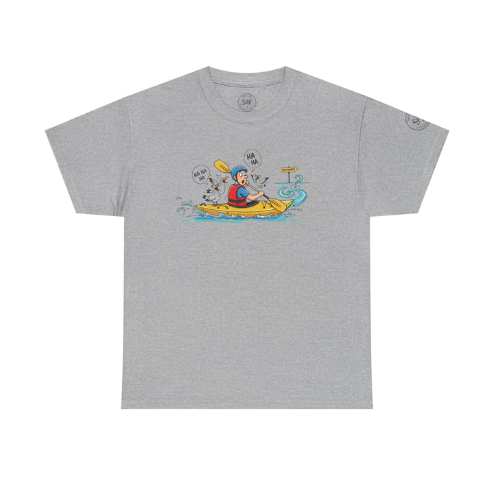 Grey T-shirt by S&amp;W Gallus featuring a cartoon of a man kayaking and being taunted by seagulls.
